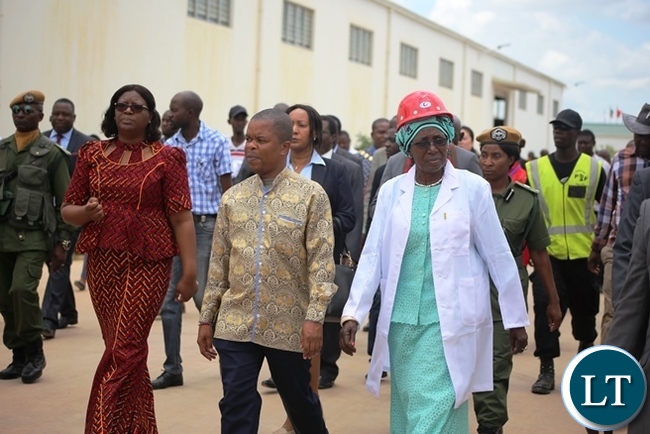 From right , Vice President Inonge Wina, Central province Minister Sydney Mushanga and Minister in the vice President’s office Sylvia Chalikosa touring the multi-million fertiliser plant in Kabwe during the official opening of the facility. Picture by SUNDAY BWALYA/ ZANIS