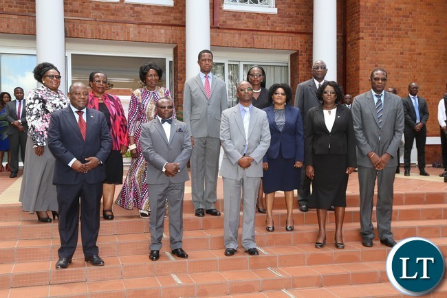 President Edgar Lungu pose for a group photo with newly sworn in Judges at State House