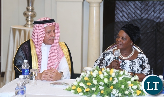 First Lady Esther Lungu confer with delegation leader from Saudi Arabia Eng: Yousef Ibrahim Al Abdulrahman Al Bassam when the Saudi Arabia term called on the first lady at State House