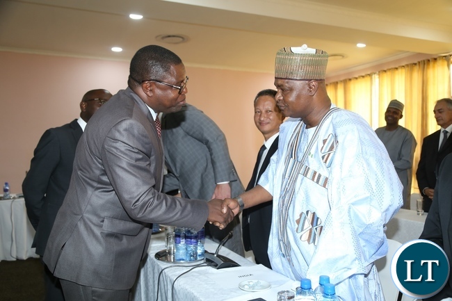 Minister of Foreign Affairs Joe Malanji greets High Commissioner of Nigeria to Zambia Mahammad Kabir Umar during the Diplomatic Corps and High Commissioners accredited to Zambia meet with the newly appointed Minister of Foreign Affairs at Mulungushi International Conference Centre