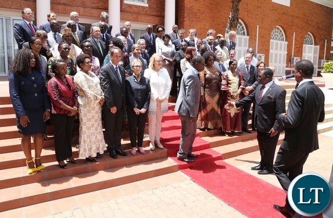President Edgar Lungu been ushered for the official picture with High Commissioners and Ambassadors with at State House during the New year greeting ceremony with High Commissioners and Ambassadors accredited to the republic of Zambia