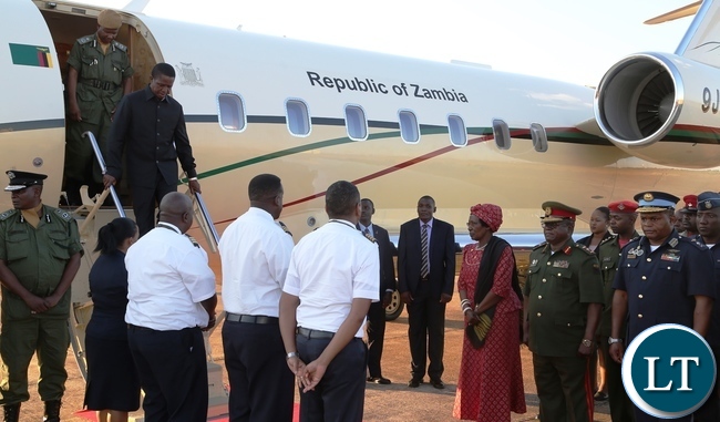 President Edgar Lungu disembark from the Presidential jet on his arrival from Muchinga Province at ZAF Lusaka Airport