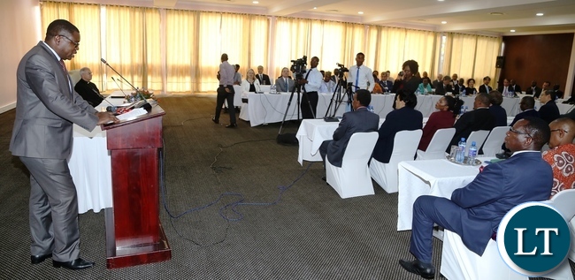 Minister of Foreign Affairs Joe Malanji addressing Diplomatic Corps and High Commissioners accredited to Zambia during the meeting at Mulungushi International Conference Centre