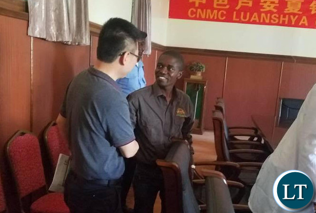 Luanshya Mayor nathan Chanda with CNMC Luanshya Copper Mine Deputy Chief Executive Officer, Wang Jingjun
