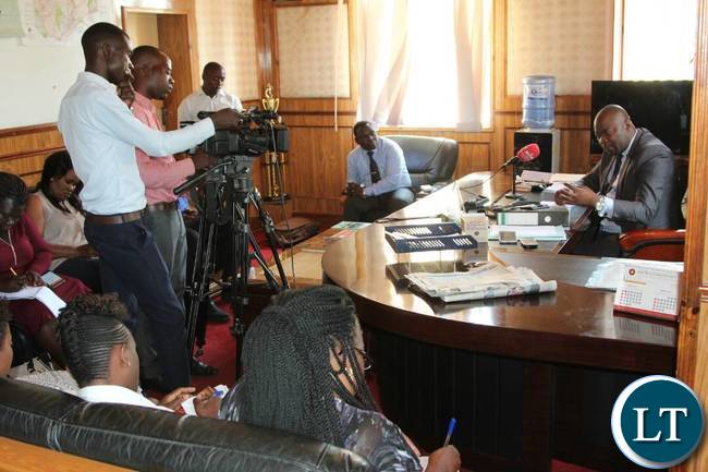 Members of the Press covering a press briefing called by Copperbelt Minister Bowman Lusambo at his office in Ndola