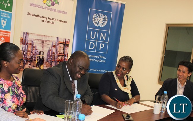 MSL Managing Director, Mr. Chikuta Mbewe and UNDP Country Director, Ms. Mandisa Mashologu at the signing ceremony