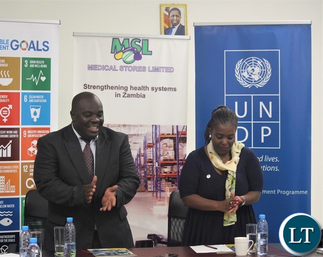 MSL Managing Director, Mr. Chikuta Mbewe and UNDP Country Director, Ms. Mandisa Mashologu at the signing ceremony