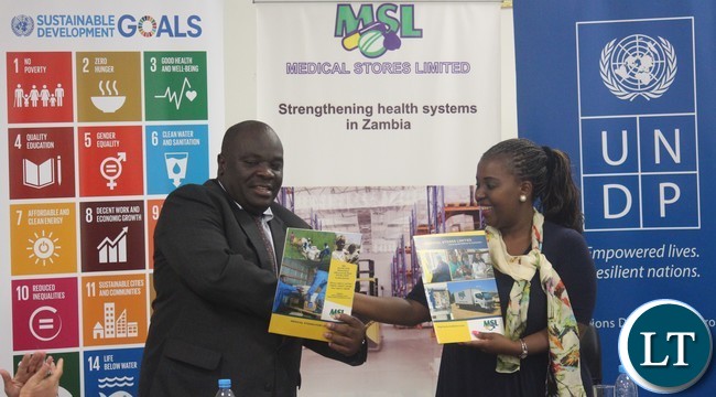 MSL Managing Director, Mr. Chikuta Mbewe and UNDP Country Director, Ms. Mandisa Mashologu at the signing ceremony