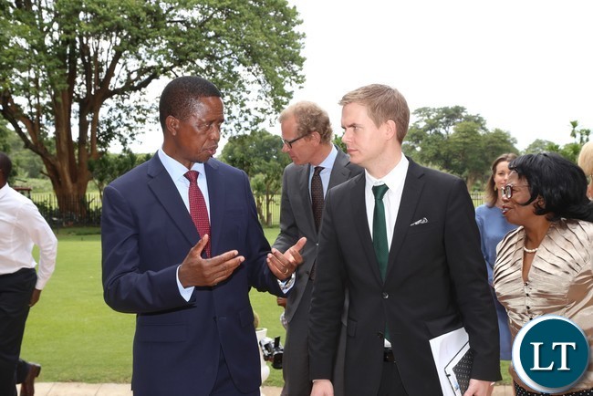 President Edgar Lungu talks to Sweden Minister of Education Gustav Fridolin when he paid a courtesy call on him at State House President Edgar Lungu talks to Sweden Minister of Education Gustav Fridolin when he paid a courtesy call on him at State House