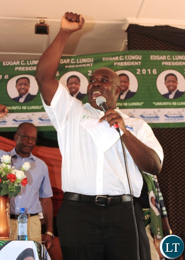 Patriotic Front Copperbelt Province Chairman, Stephen Kainga, addresses party members at the PF Mobilization meeting in Lufwanyama District
