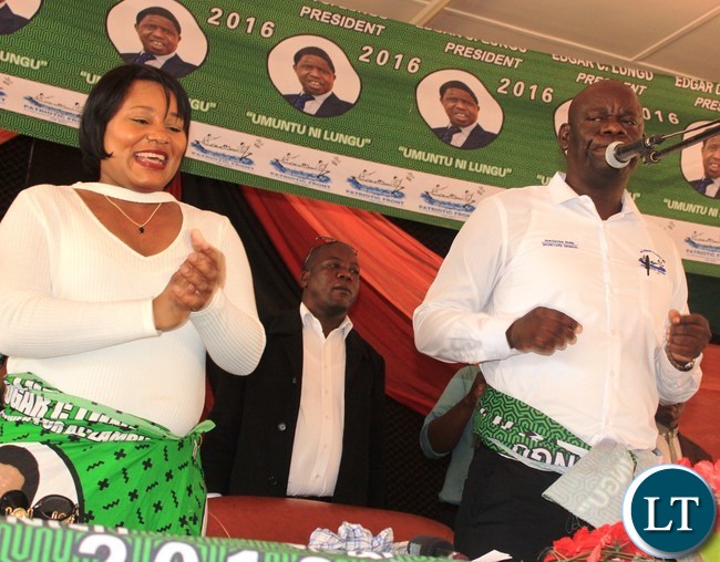 Patriotic Front Secretary General, Davis Mwila ( right) and Minister of Information and Broadcasting Services, Kampamba Mulenga, at the PF Mobilization meeting in Lufwanyama District