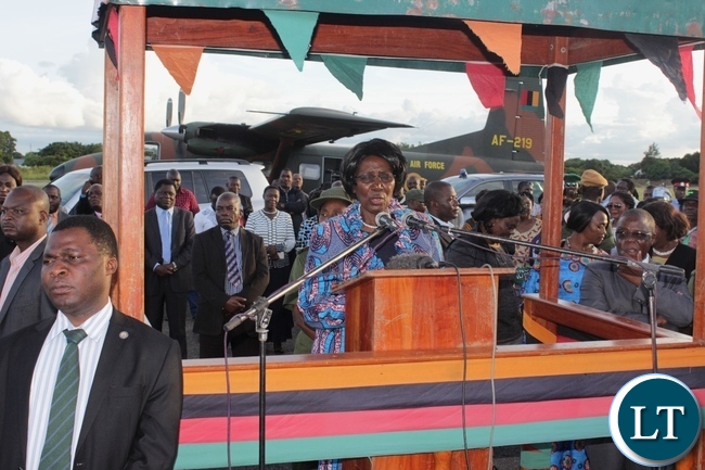 Vice President Inonge Wina (c) addressing on arrival at Mongu Airport for a two-day working visit to inspect government developmental projects in Western Province