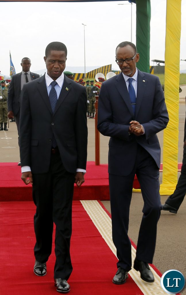President Edgar Chagwa Lungu accompanied by his Rwandan counterpart Paula Kagame bids farewell to Rwandan Service Chiefs at Kigali International Airport on Thursday,February 22,2018. PICTURE BY SALIM HENRY/STATE HOUSE ©2018