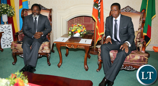 President Edgar Lungu with President Joseph Kabila at State house before the Official Talks
