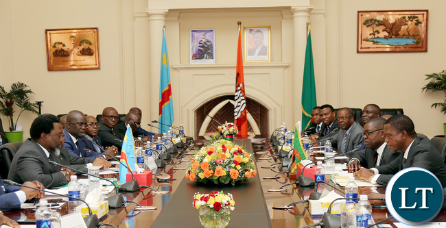 President Edgar Lungu with President Joseph Kabila at State house during the Official Talks