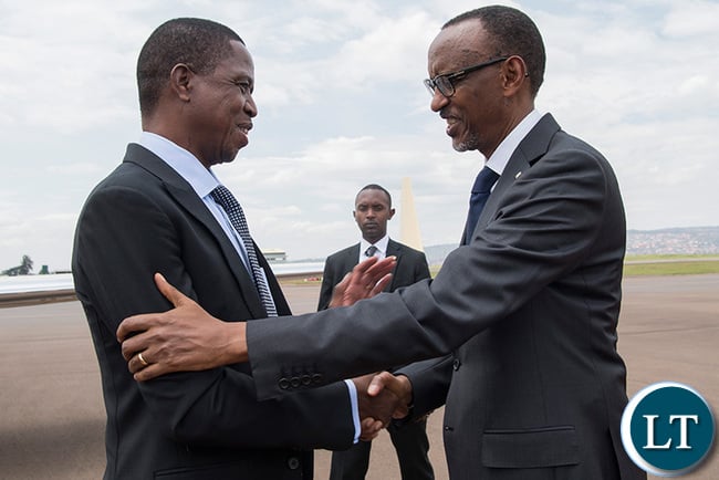 President Kagame welcomes President Lungu on the Zambian leader’s arrival at Kigali International Airport yesterday. (Village Urugwiro)