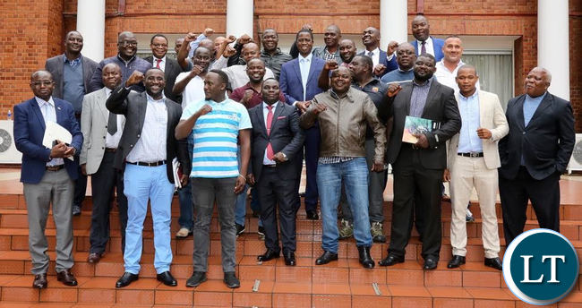 President Lungu poses for a photo with Jerabos after a meeting at State House on Friday.