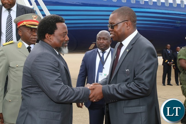 Foreign Affairs Minister Joseph Malanji welcomes President of the Democratic Republic of Congo His Excellency Mr.Joseph Kabila at Kenneth Kaunda International Airport.