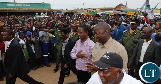 President Edgar Lungu (centre) accompanied by Copperbelt Province Minister Bowman Lusambo (second from right) walks on the streets of Masala Township in Ndola on Friday, February 9,2018. PICTURE BY SALIM HENRY/STATE HOUSE ©2018