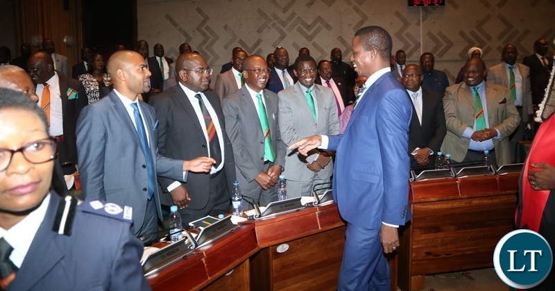 President Edgar Lungu having a light moment with cabinet Ministers shortly after the President State of the Nation address at Parliament Buildings