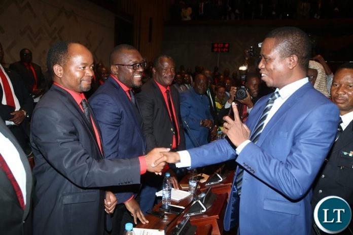 His Excellency President Edgar Lungu greets UPND Member of Parliament Cornelius Mweetwa shortly after State of the Nation address at Parliament Buildings His Excellency President Edgar Lungu greets UPND Member of Parliament Cornelius Mweetwa shortly after State of the Nation address at Parliament Buildings