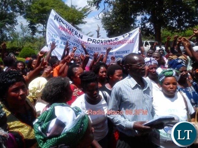 Patriotic Front (PF) in Northern Province protests over demining remarks issued against President Edgar Lungu attributed to Prof. Michelo Hansungule in Kasama today:- Picture by Tizaona Ngoma (ZANIS)