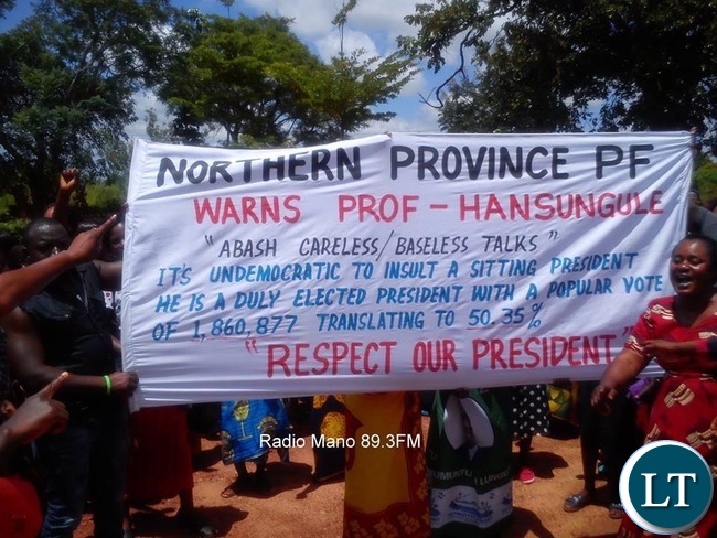 Patriotic Front (PF) in Northern Province protests over demining remarks issued against President Edgar Lungu attributed to Prof. Michelo Hansungule in Kasama today:- Picture by Tizaona Ngoma (ZANIS)