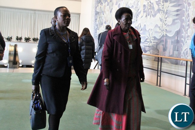 Mrs Inonge Mutukwa Wina (right), the Vice-President of the Republic of Zambia accompanied by Zambia's Deputy Permanent Eepresentative and Charge' d' Affairs Christine Kalamwina arriving at the United Nations (UN) Headquarters in New York for the 62nd Session of the Commission on the Status of Women (CSW) on Monday.