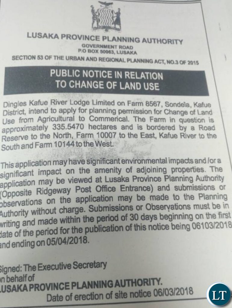 Public Notice on change of land use by Dingles Kafue River Lodge