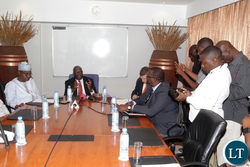 Commonwealth Special envoy to Zambia Professor Ibrahim Gambari flanked by Nigerian High Commissioner to Zambia Sifamu Inu Umoru Momoh stressing a point during a press conference held at State House