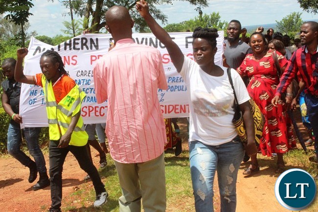 Patriotic Front (PF) in Northern Province protests over demining remarks issued against President Edgar Lungu attributed to Prof. Michelo Hansungule in Kasama today:- Picture by Tizaona Ngoma (ZANIS)