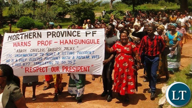 Patriotic Front (PF) in Northern Province protests over demining remarks issued against President Edgar Lungu attributed to Prof. Michelo Hansungule in Kasama today:- Picture by Tizaona Ngoma (ZANIS)