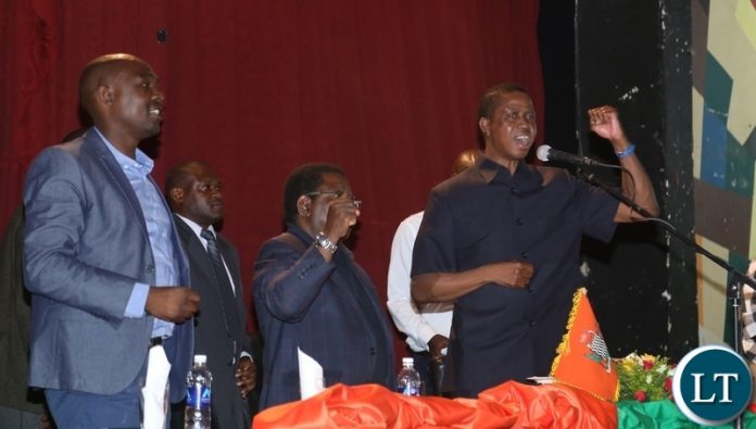 President Edgar Lungu, Copperbelt Minister Jophen Mwakalombe and PF National Chairman Samuel Mukupa during the meeting with PF officials in Ndola