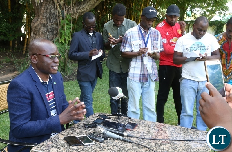 Special Assistant for Press and Public Relations to the President Amos Chanda speaking to journalists on the conduct of the Cuban Ambassador to Zambia Nelson Pages Vilas at the media briefing at Pamodzi Hote