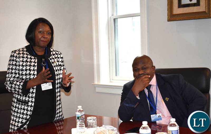 Minister of National Development Planning Alexander Chiteme (right) listening to his Finance counterpart Mrs. Margaraet Mwanakatwe address Zambian diplomats accredited to the USA when they paid a courtesy call on Zambia’s Ambassador to the USA His Excellency Dr. Ngosa Simbyakula in Washington DC on 19 April 2018. Mr. Chiteme and the Minister of Finance Mrs Margaret Mwanakatwe are participating in the IMF/World Bank 2018 Spring Meetings in Washington DC, USA. Mr. Chiteme is the Alternate Governor and Mrs Mwanakatwe is Zambia’s Governor on the World Bank Board of Governors. PHOTO| CHIBAULA D. SILWAMBA | MNDP