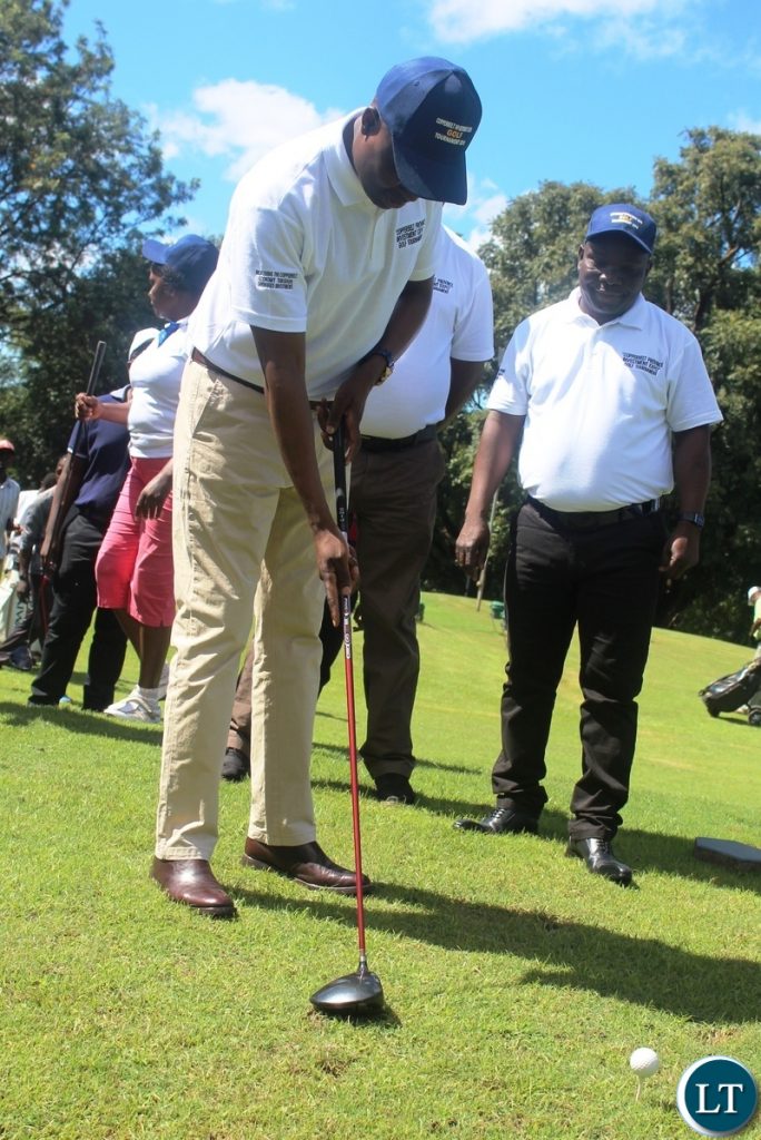 Copperbelt Minister, Japhen Mwakalombe teeing off during the Copperbelt Investment Expo fundraising Golf tournament at Ndola Golf Club- Picture -Frank Ching'ambu/ZANIS