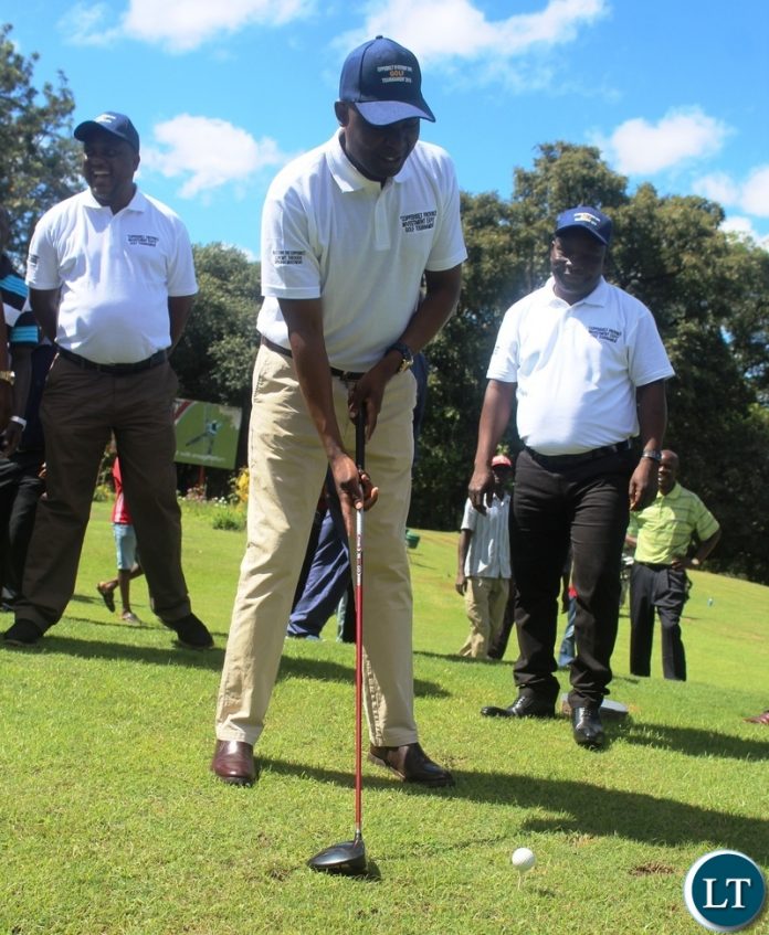 Copperbelt Minister, Japhen Mwakalombe teeing off during the Copperbelt Investment Expo fundraising Golf tournament at Ndola Golf Club- Picture -Frank Ching'ambu/ZANIS