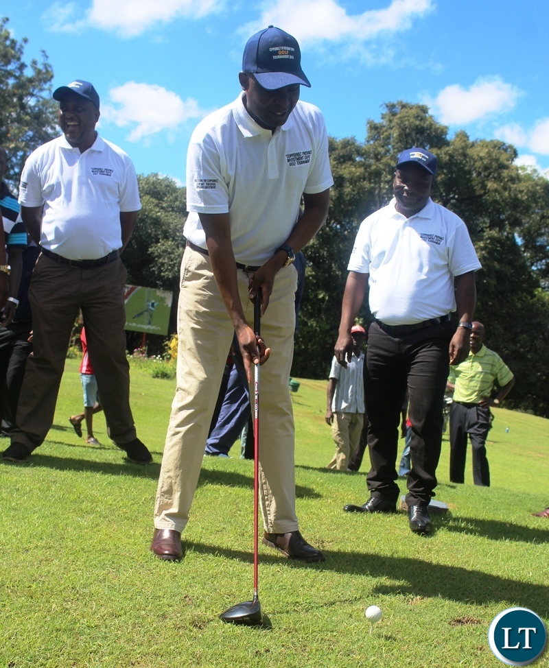 Copperbelt Minister, Japhen Mwakalombe teeing off during the Copperbelt Investment Expo fundraising Golf tournament at Ndola Golf Club- Picture -Frank Ching'ambu/ZANIS