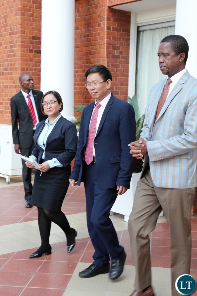 President Edgar Lungu with Mr HuaRong Zhang, the Chairman of Huajian Group of China who paid a courtesy call on the Head of State at State House today. Mr Zhang is in the country leading a business delegation from China to look at various investment prospectives. He is a member of all China Federation of Industry and Commerce, Vice-Chairman of China Africa Business Council, Chairman of Asia Footwear Industry Association and President of Guanzhou Huajian International shoes Chinese Business - Pictures By Eddie Mwanaleza 