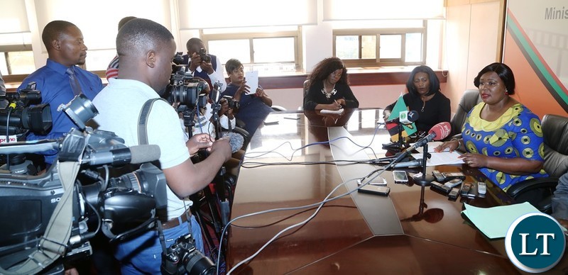 Minister of Information and Broadcasting Dora Siliya addressing the Journalist during Media briefing