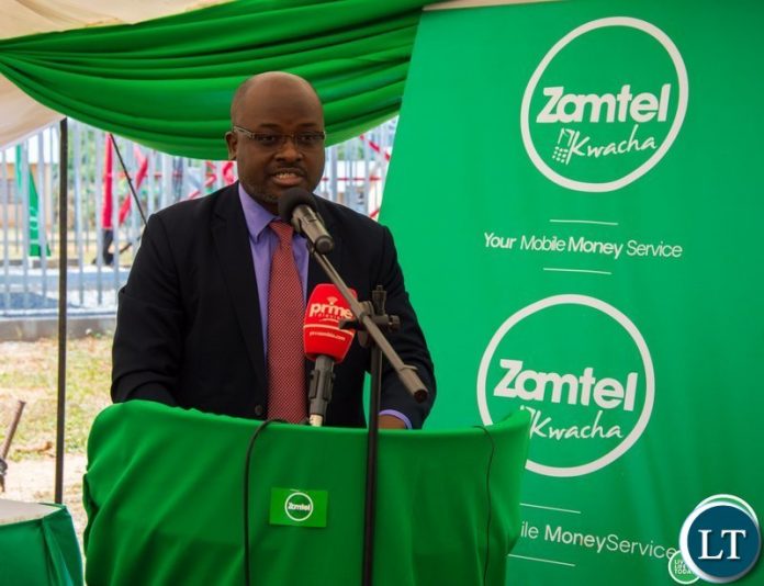 Zamtel CEO Sydney Mupeta speaking during the communication of the tower at Kafumbwe boarding school in Katete
