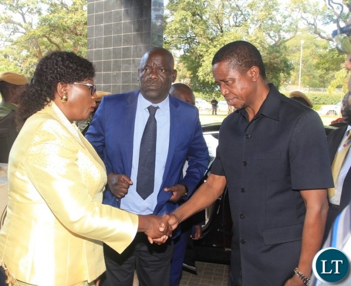 President Edgar Lungu is welcomed by Community development Minister Emerine Kabanshi on arrival at Intercontinental Hotel to officially open the 6th community based rehabilitation (CBR) Africa conference.looking on (centre) is Patriotic Front Secretary General Davis Mwila President Edgar Lungu is welcomed by Community development Minister Emerine Kabanshi on arrival at Intercontinental Hotel to officially open the 6th community based rehabilitation (CBR) Africa conference.looking on (centre) is Patriotic Front Secretary General Davis Mwila