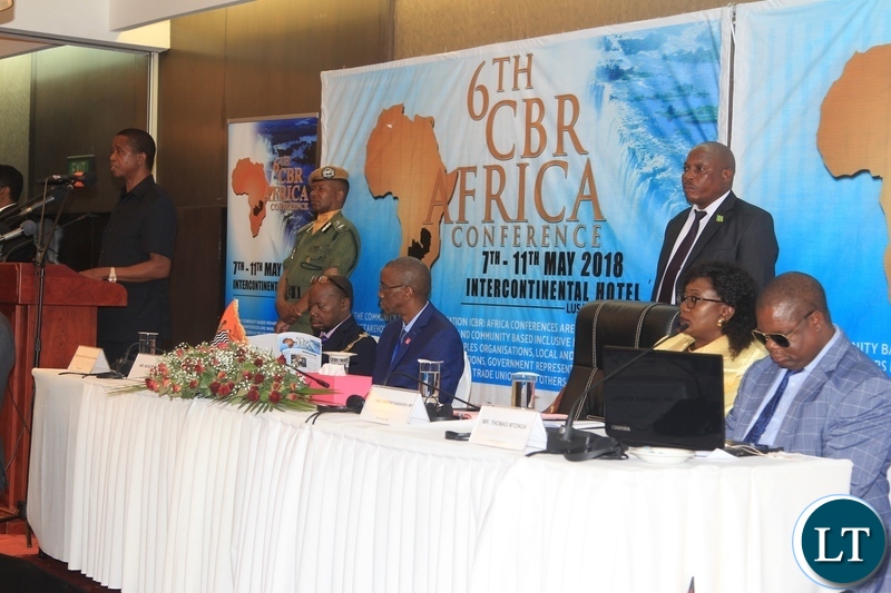 President Edgar Lungu addressing delegates to officially open the 6th community based rehabilitation (CBR)Africa conference held at Intercontinental Hotel.on His immediate left to right is Lusaka Mayor Wilson Kalumba CBR Africa network Chairman Mr Musonda Siame, Community Development Minister Emerine Kabanshi and Unza lecturer Mr Thomas Mtonga