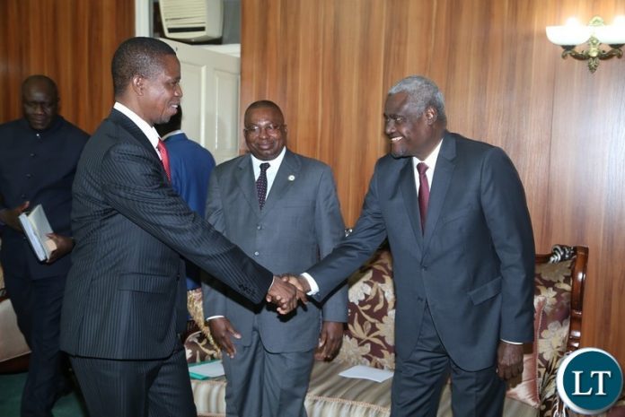 President Edgar Lungu welcomes the Chairperson of the African Union Moussa Faki when he pay a courtesy call at State House President Edgar Lungu welcomes the Chairperson of the African Union Moussa Faki when he pay a courtesy call at State House
