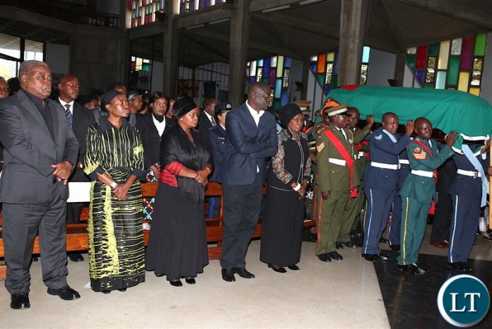 From L-R: Former president Rupiah Banda, Former First Lady Thandiwe Banda,First Lady Esther Lungu, PF Secretary General Davies Mwila and Vice-President Inonge Wina during the funeral service of Gender Minister Victoria Kalima at the Cathedral of the Holy Cross on Saturday,June 16,2018 -Picture by THOMAS NSAMA