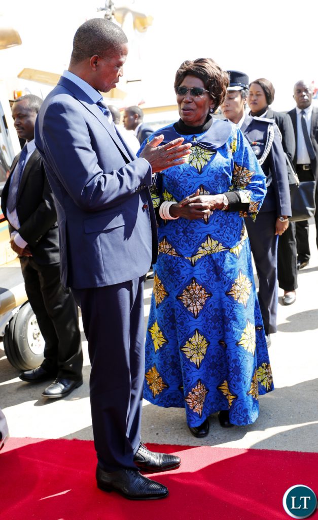 President Edgar Lungu confers with Her Honour the Vice-President, Mrs Inonge Wina at Kenneth Kaunda International Airport shortly before departure for a Private Visit to Kenya at the invitation of His counterpart President Uhuru Kenyatta, on Thursday, 14th June, 2018. Pictures by Eddie Mwanaleza/State House