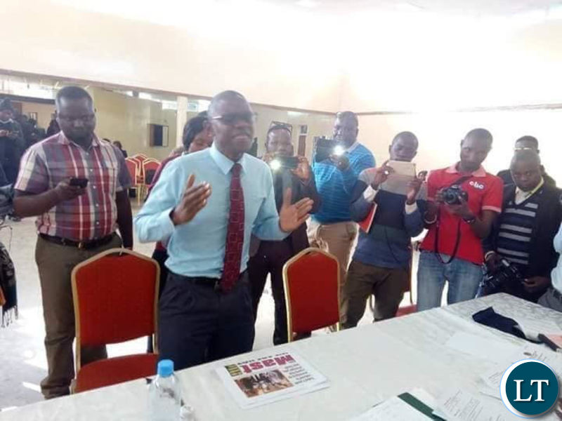 Mr Chilufya Tayali protesting at Civics Centre after he was blocked from filing in his papers.