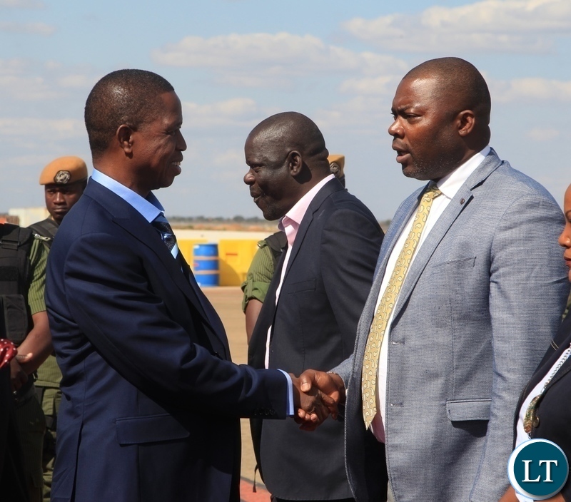 President Edgar Lungu bids farewell to Lusaka Province Minister Bowman Lusambo before departure for Kenya for a private visit at Kenneth Kaunda International Airport