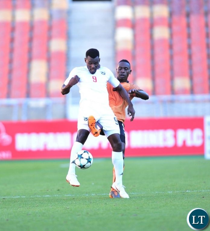 Halleuya Nekundi of Namibia challenged by Billy Mutale of Zambia during the 2018 COSAFA match between Zambia and Namibia at Peter Mokaba Stadium, Polokwane on 02 June 2018 ©Samuel Shivambu/BackpagePix