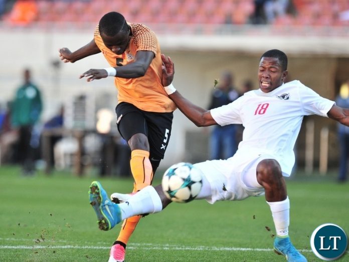 Lazarous Kambole of Zambia tackled by Vitapi Ngaruka of Namibia during the 2018 COSAFA match between Zambia and Namibia at Peter Mokaba Stadium, Polokwane on 02 June 2018 ©Samuel Shivambu/BackpagePix Lazarous Kambole of Zambia tackled by Vitapi Ngaruka of Namibia during the 2018 COSAFA match between Zambia and Namibia at Peter Mokaba Stadium, Polokwane on 02 June 2018 ©Samuel Shivambu/BackpagePix